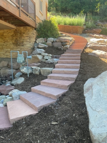 Custom stonework, Natural Stone Slab Staircase, terraced dry laid stone walls, complete service landscaping