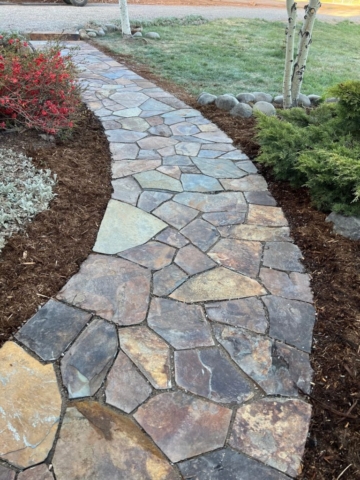 MO Grizzly Flagstone walkway with natural stone slab stair, with finished landscaping