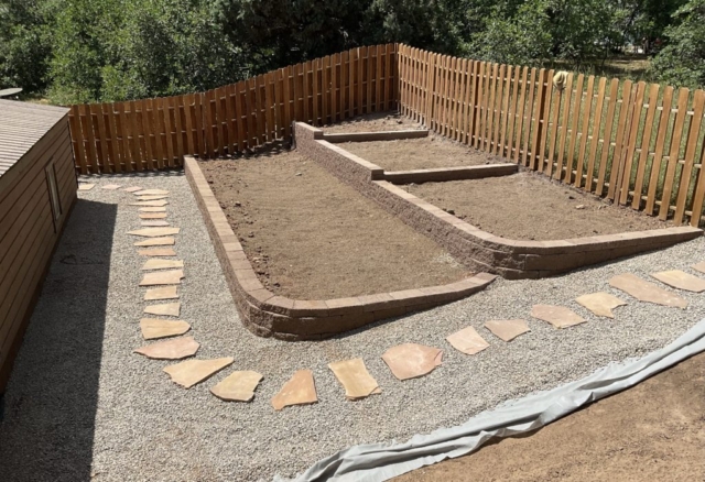 two block terraces with stepping stone flagstone walkway